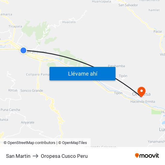 San Martin to Oropesa Cusco Peru map