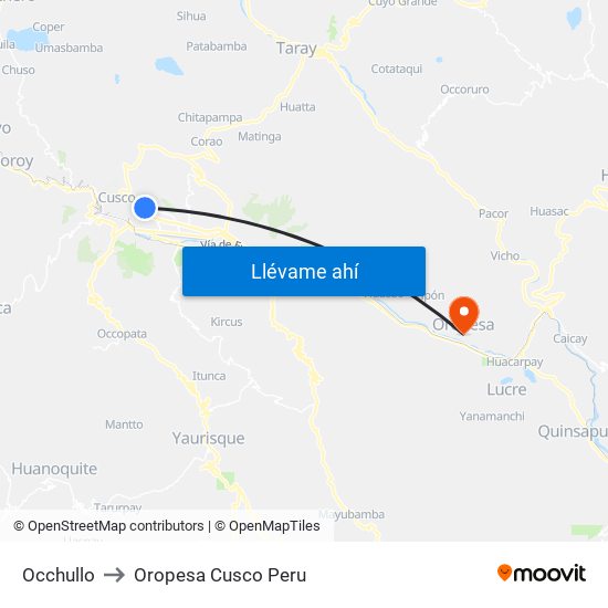 Occhullo to Oropesa Cusco Peru map