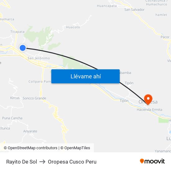 Rayito De Sol to Oropesa Cusco Peru map