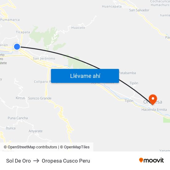 Sol De Oro to Oropesa Cusco Peru map