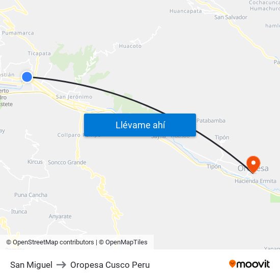 San Miguel to Oropesa Cusco Peru map