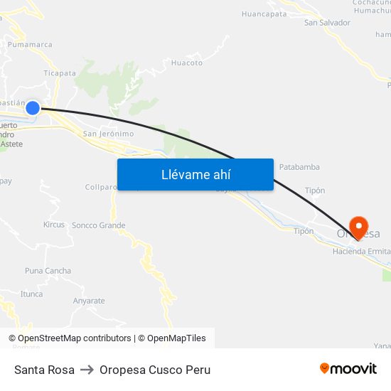 Santa Rosa to Oropesa Cusco Peru map