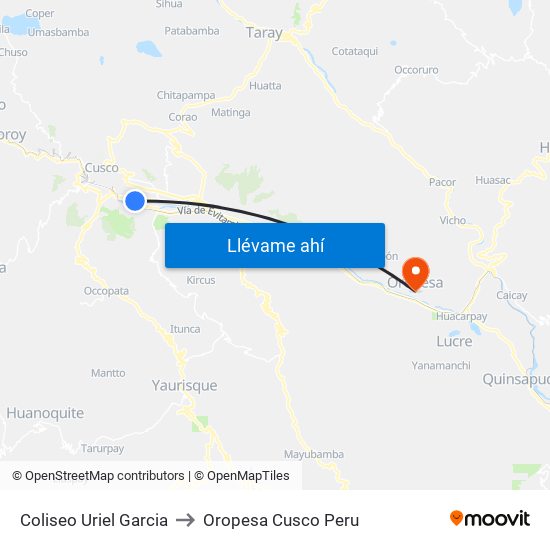 Coliseo Uriel Garcia to Oropesa Cusco Peru map