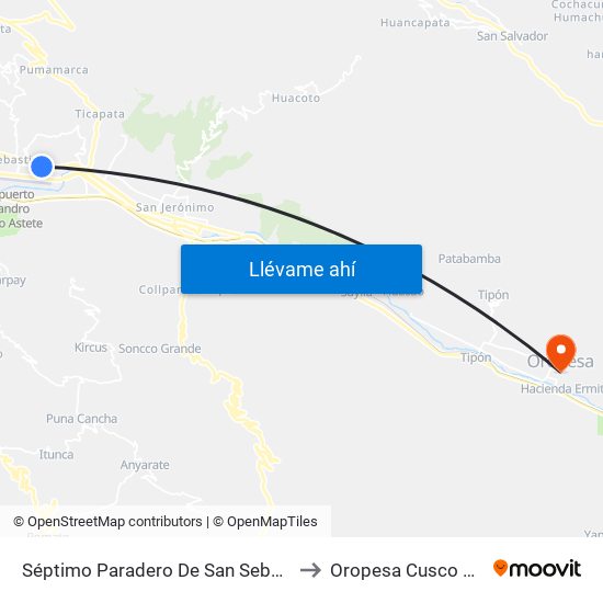 Séptimo Paradero De San Sebastián to Oropesa Cusco Peru map