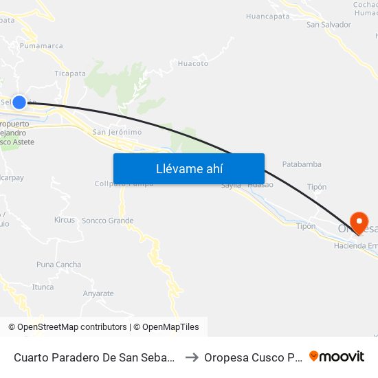 Cuarto Paradero De San Sebastián to Oropesa Cusco Peru map