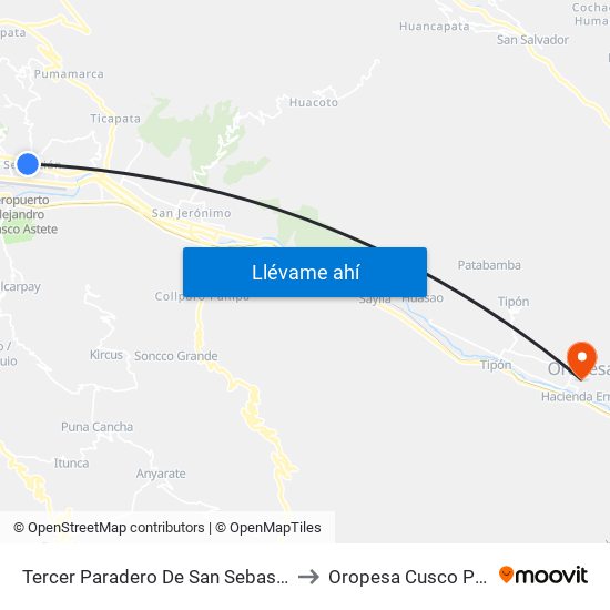 Tercer Paradero De San Sebastián to Oropesa Cusco Peru map