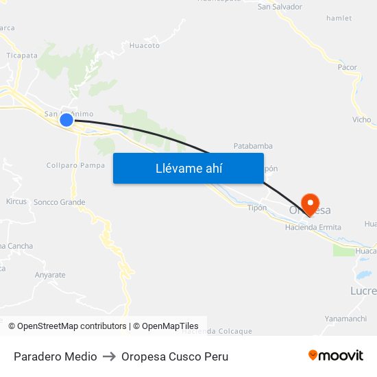 Paradero Medio to Oropesa Cusco Peru map
