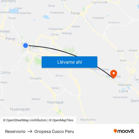Reservorio to Oropesa Cusco Peru map