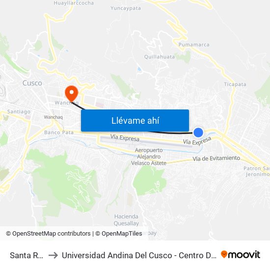 Santa Rosa to Universidad Andina Del Cusco - Centro De Idiomas map