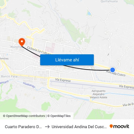 Cuarto Paradero De San Sebastián to Universidad Andina Del Cusco - Centro De Idiomas map