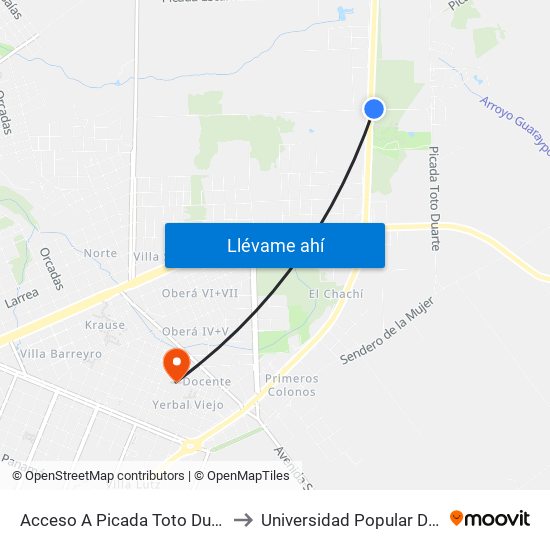 Acceso A Picada Toto Duarte Y Rn 14 to Universidad Popular De Misiones map