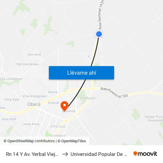 Rn 14 Y Av. Yerbal Viejo Norte to Universidad Popular De Misiones map