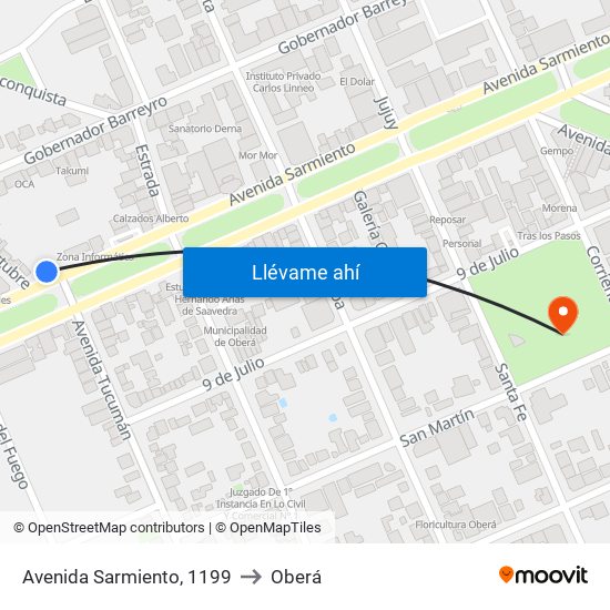 Avenida Sarmiento, 1199 to Oberá map