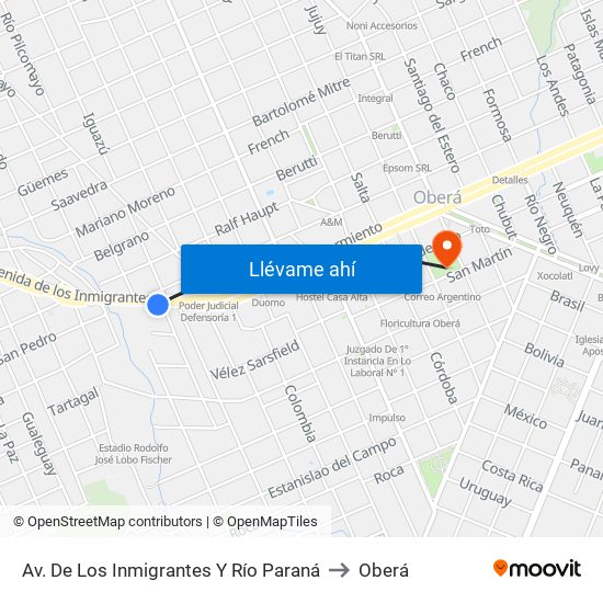 Av. De Los Inmigrantes Y Río Paraná to Oberá map