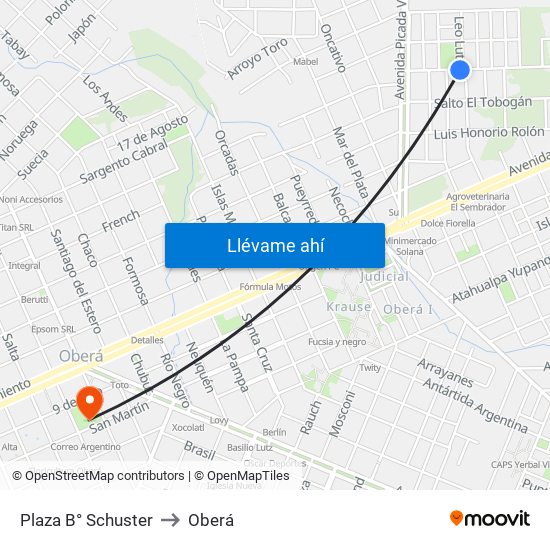 Plaza B° Schuster to Oberá map