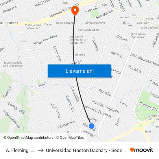 A. Fleming, 506 to Universidad Gastón Dachary - Sede Oberá map