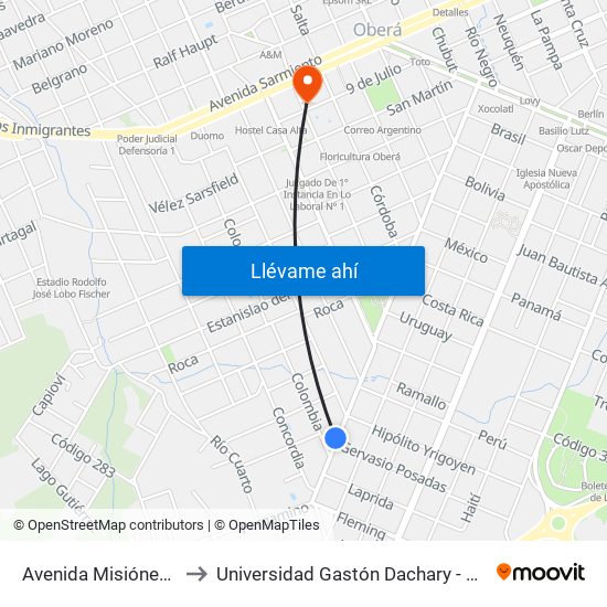 Avenida Misiónes, 1260 to Universidad Gastón Dachary - Sede Oberá map