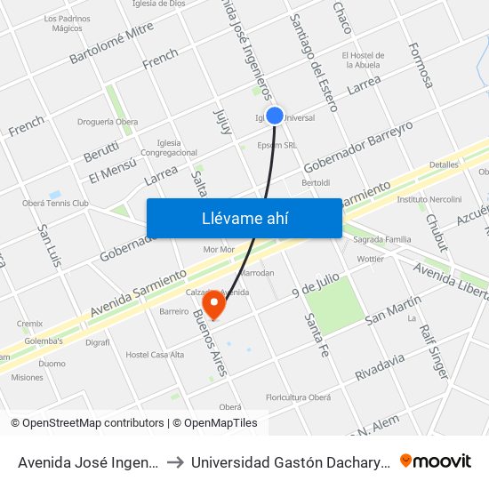 Avenida José Ingenieros, 202 to Universidad Gastón Dachary - Sede Oberá map