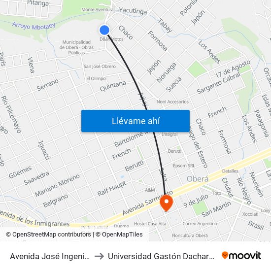 Avenida José Ingenieros, 1286 to Universidad Gastón Dachary - Sede Oberá map