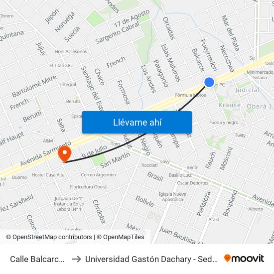Calle Balcarce, 10 to Universidad Gastón Dachary - Sede Oberá map