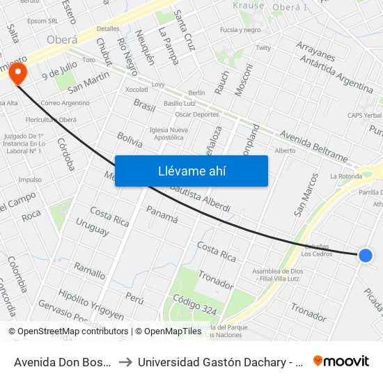 Avenida Don Bosco, 487 to Universidad Gastón Dachary - Sede Oberá map