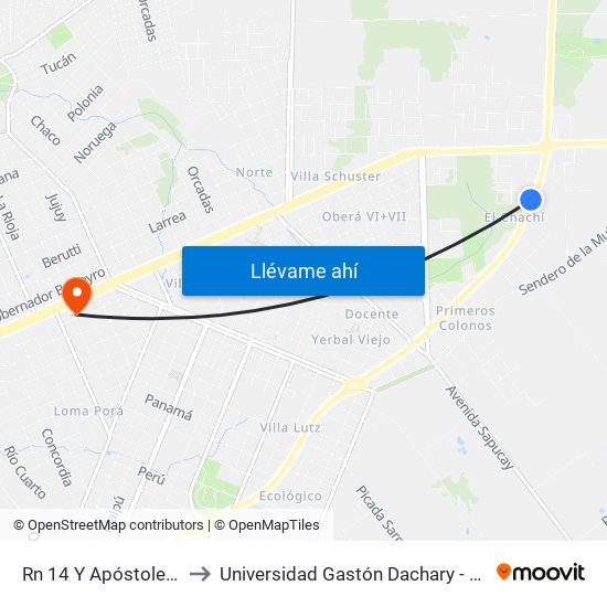 Rn 14 Y Apóstoles Norte to Universidad Gastón Dachary - Sede Oberá map