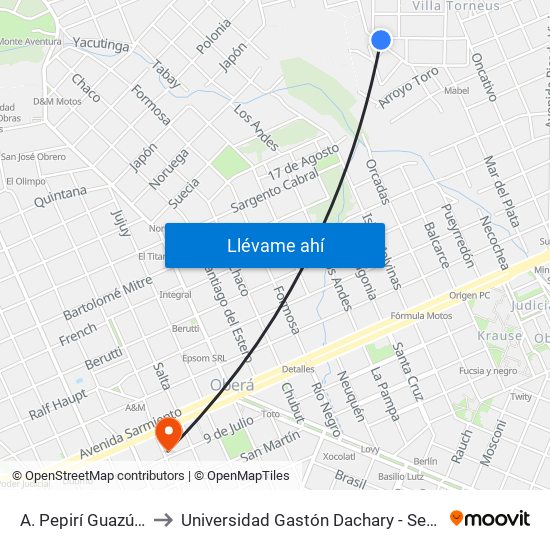 A. Pepirí Guazú, 206 to Universidad Gastón Dachary - Sede Oberá map