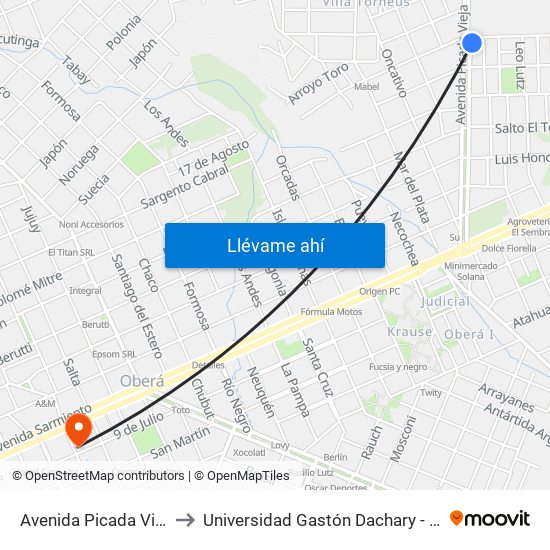 Avenida Picada Vieja, 601 to Universidad Gastón Dachary - Sede Oberá map