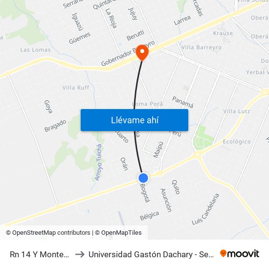 Rn 14 Y Montevideo to Universidad Gastón Dachary - Sede Oberá map