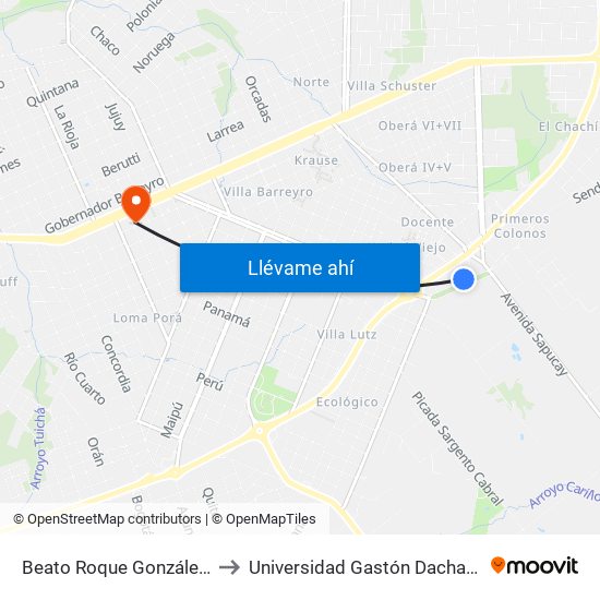 Beato Roque González Norte, 298 to Universidad Gastón Dachary - Sede Oberá map