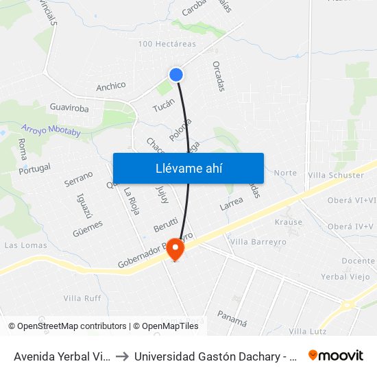Avenida Yerbal Viejo, 74 to Universidad Gastón Dachary - Sede Oberá map