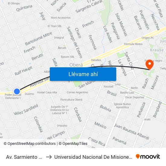 Av. Sarmiento Y 25 De Mayo to Universidad Nacional De Misiones (Unam) - Regional Oberá map