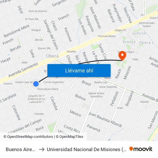 Buenos Aires, 101-199 to Universidad Nacional De Misiones (Unam) - Regional Oberá map