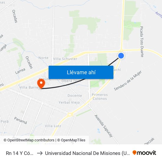 Rn 14 Y Código 406 to Universidad Nacional De Misiones (Unam) - Regional Oberá map