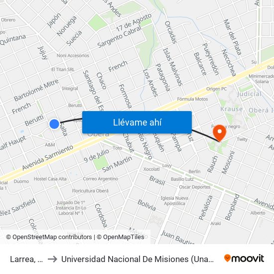 Larrea, 1015 to Universidad Nacional De Misiones (Unam) - Regional Oberá map