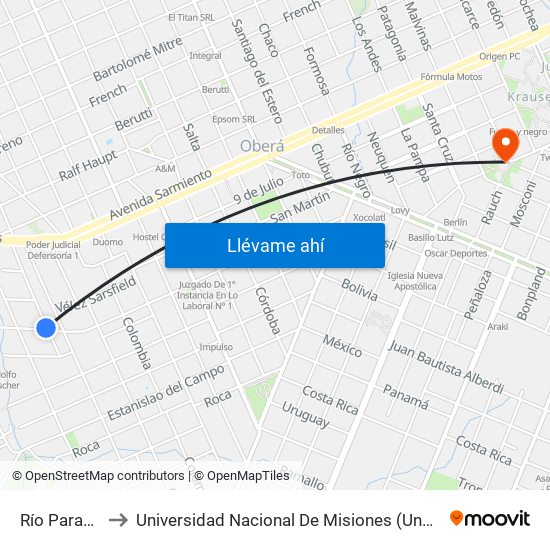 Río Paraná, 274 to Universidad Nacional De Misiones (Unam) - Regional Oberá map