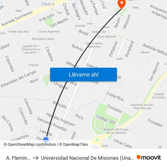 A. Fleming, 506 to Universidad Nacional De Misiones (Unam) - Regional Oberá map