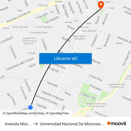 Avenida Misiónes, 1457 to Universidad Nacional De Misiones (Unam) - Regional Oberá map