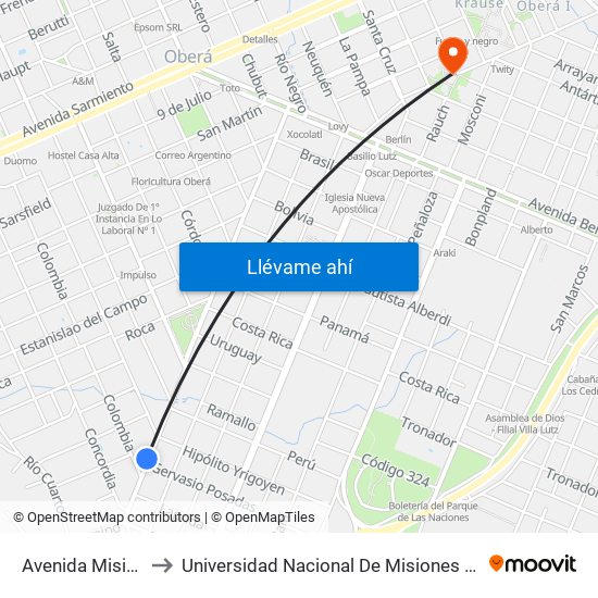 Avenida Misiónes, 1260 to Universidad Nacional De Misiones (Unam) - Regional Oberá map