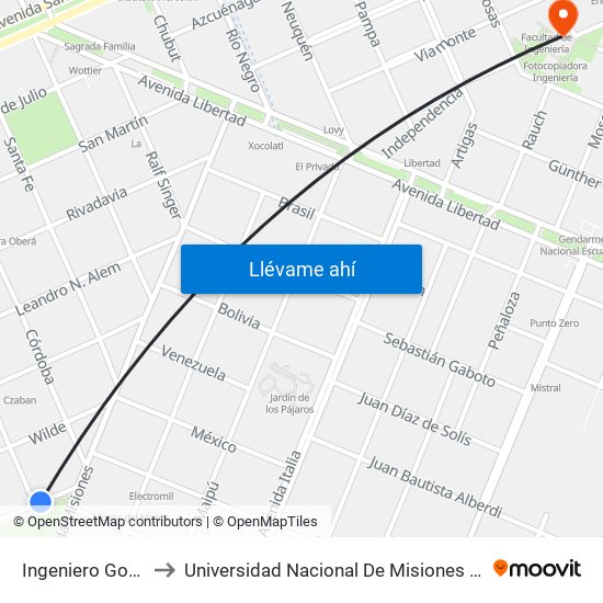 Ingeniero Gordillo, 1001 to Universidad Nacional De Misiones (Unam) - Regional Oberá map