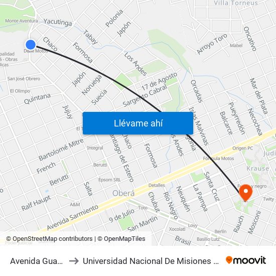 Avenida Guayaba, 1301 to Universidad Nacional De Misiones (Unam) - Regional Oberá map