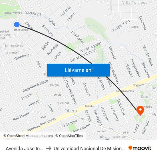 Avenida José Ingenieros, 1286 to Universidad Nacional De Misiones (Unam) - Regional Oberá map