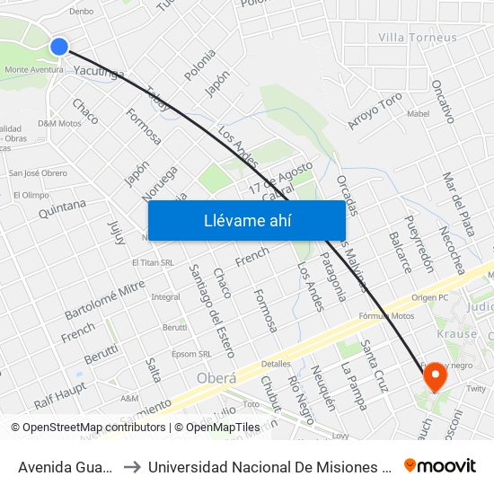 Avenida Guayaba, 1475 to Universidad Nacional De Misiones (Unam) - Regional Oberá map