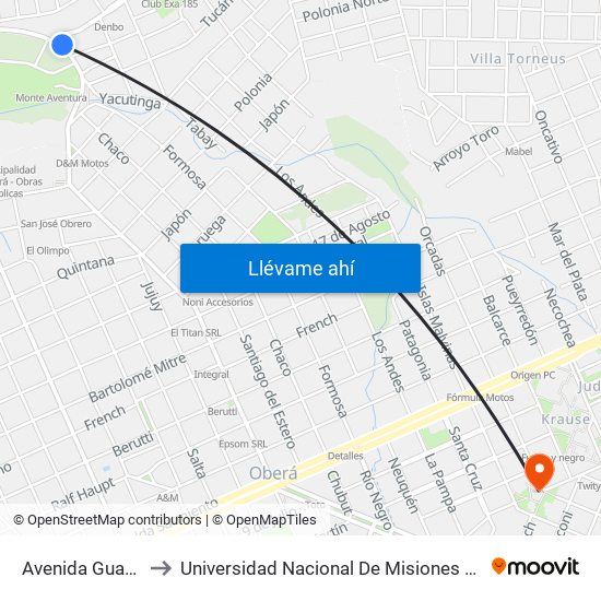 Avenida Guayaba, 1475 to Universidad Nacional De Misiones (Unam) - Regional Oberá map