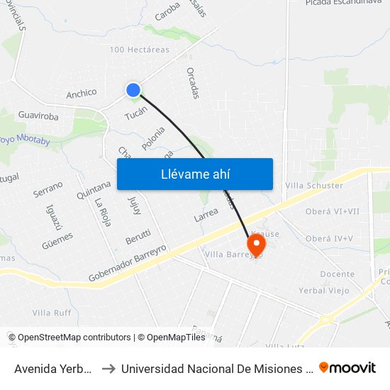 Avenida Yerbal Viejo, 354 to Universidad Nacional De Misiones (Unam) - Regional Oberá map
