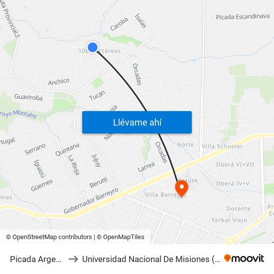 Picada Argentina, 2325 to Universidad Nacional De Misiones (Unam) - Regional Oberá map