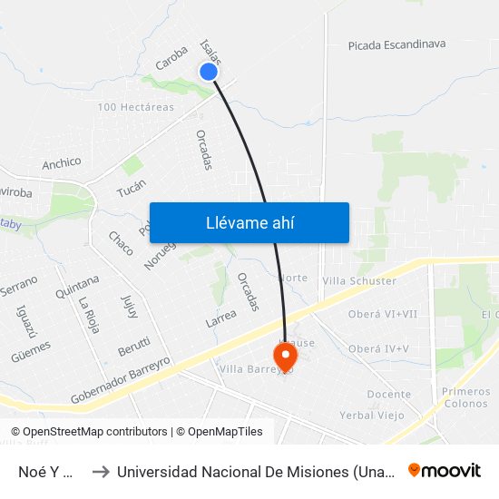 Noé Y Moisés to Universidad Nacional De Misiones (Unam) - Regional Oberá map