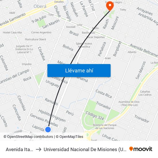 Avenida Italia, 1347 to Universidad Nacional De Misiones (Unam) - Regional Oberá map