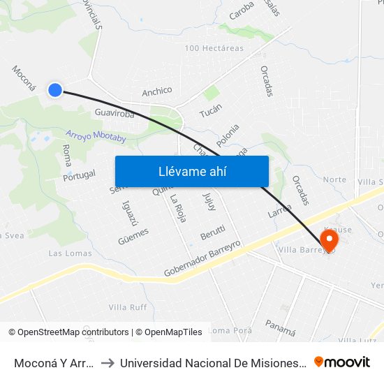 Moconá Y Arroyo Yuquerí to Universidad Nacional De Misiones (Unam) - Regional Oberá map