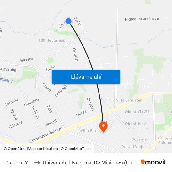 Caroba Y Jonás to Universidad Nacional De Misiones (Unam) - Regional Oberá map